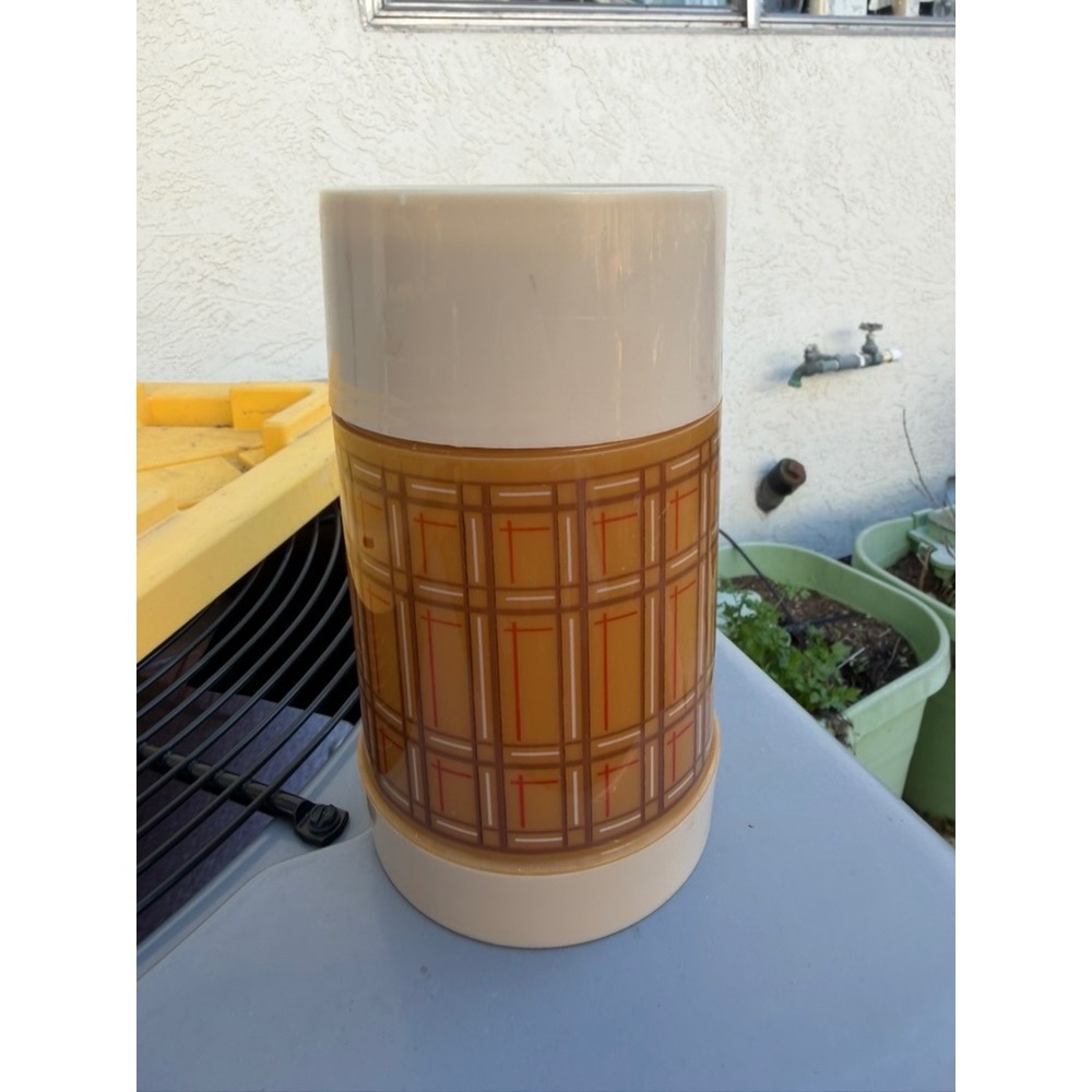 Aladdin Thermos Bottle 1 Pint Tan Plaid Good Wide Mouth Vintage MCM Utility